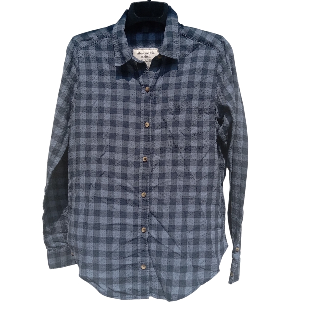 🍁4/$10 Abercrombie & Fitch Women Button Down Shirt Blue Gingham Textured Medium